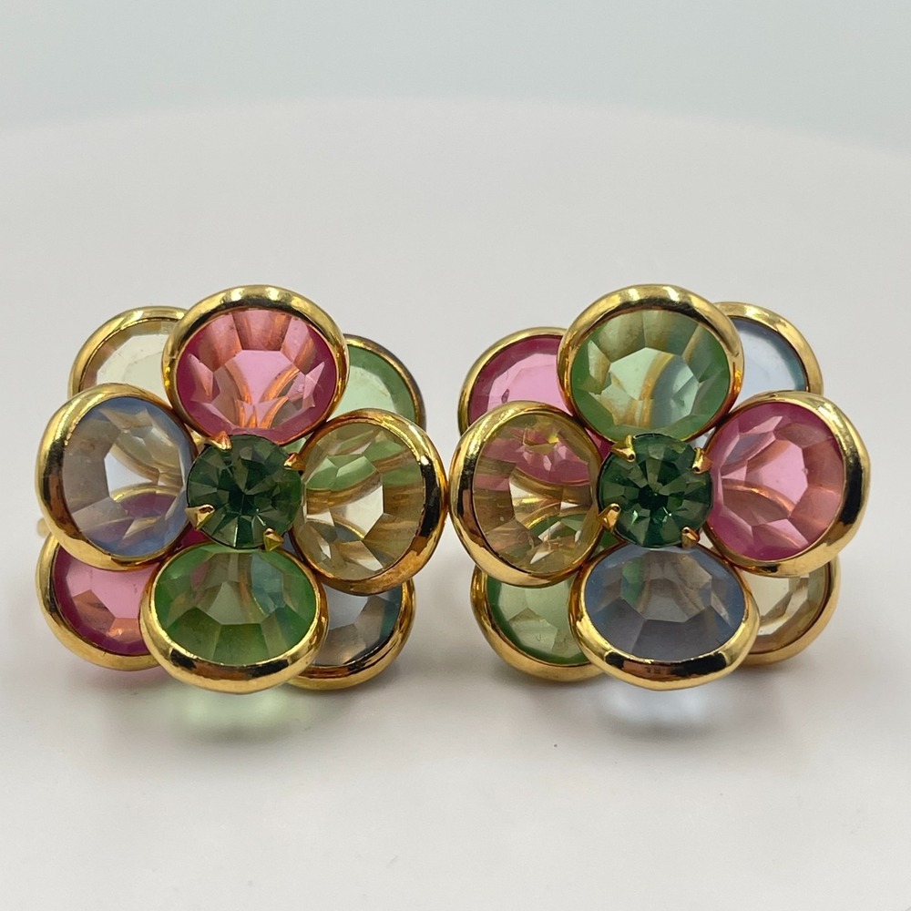 Vintage Multi Color Rhinestone Pastel Flower Clip On Earrings Gold Tone Retro